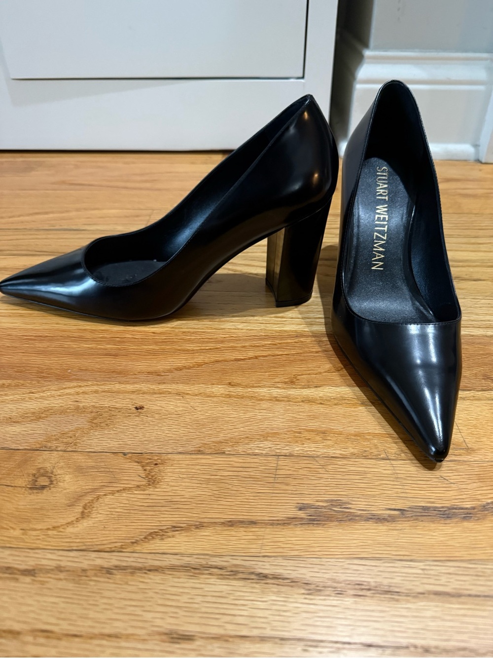 Stuart Weitzman 85mm Black Patent Pointed Toe Block Heels - NWOB